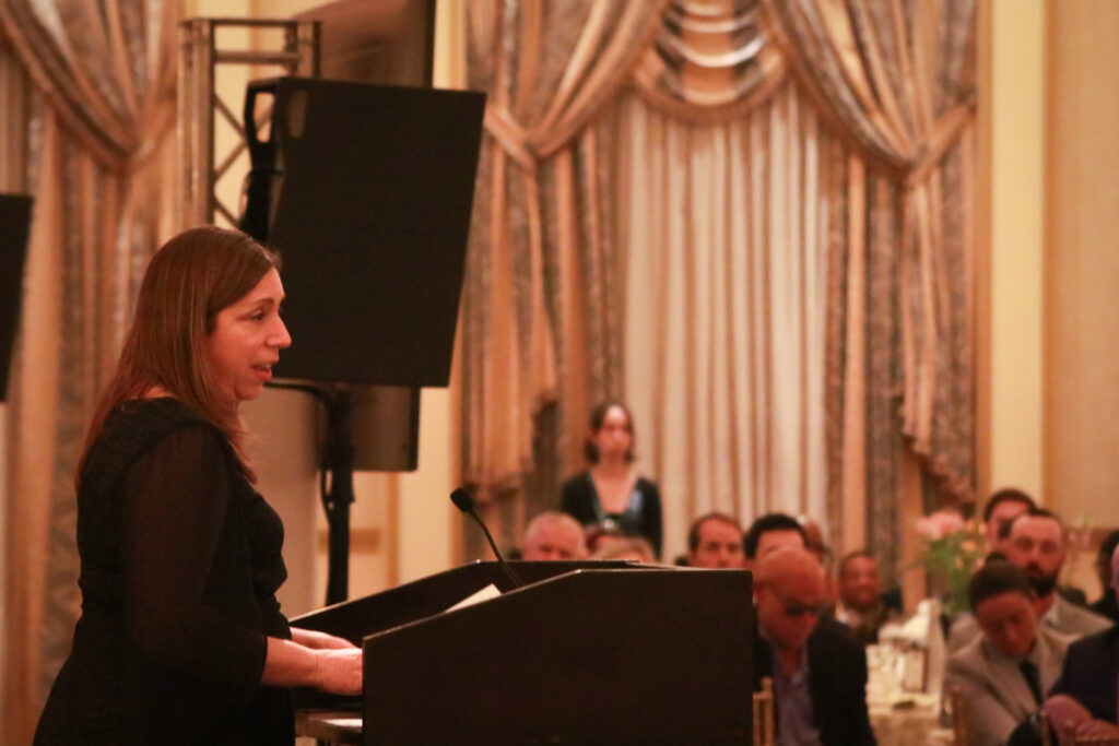 Amy Fagan speaks to the attendees of the celebration